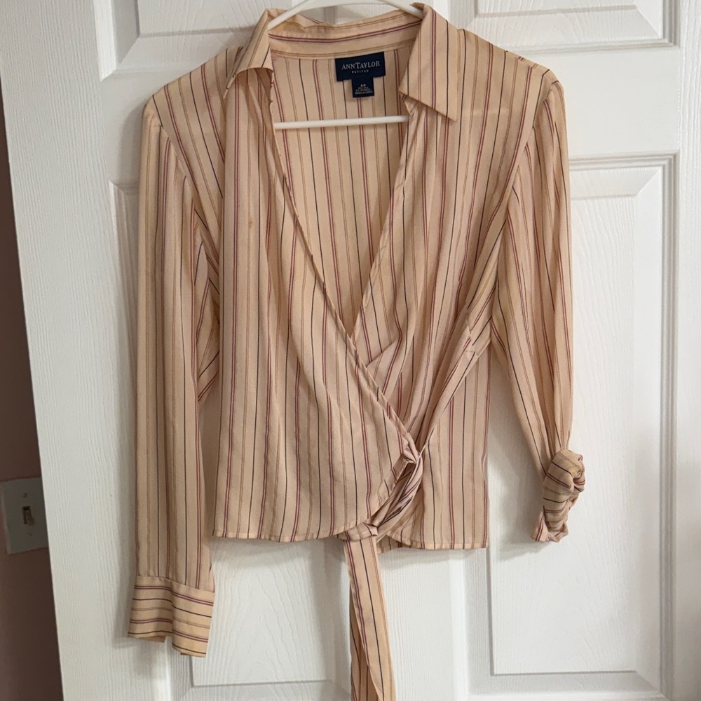 Ann Taylor Striped Wrap Blouse - Cream and Pink